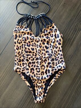 Yandy Leopard Print One-Piece Swimsuit in Tan and Black